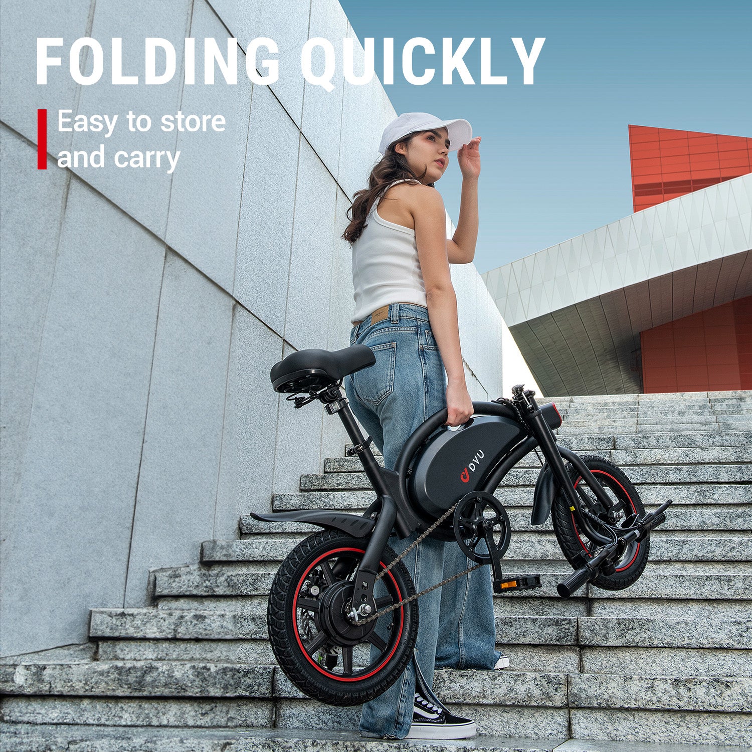 Woman carrying DYU D3F folding electric bike up stairs, highlighting easy portability Woman carrying DYU D3F folding electric bike up stairs, highlighting easy portability