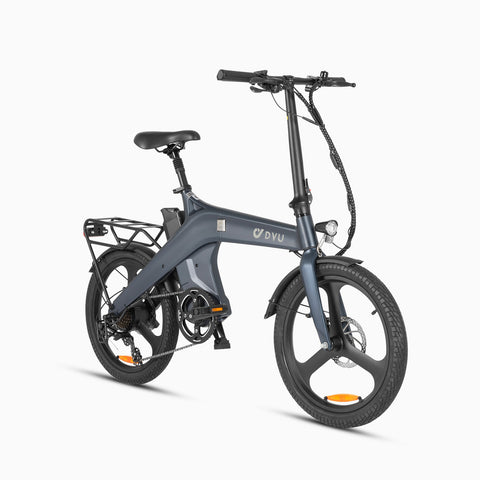 Vélo électrique pliable DYU T1 gris avec cadre léger et design compact. Vélo électrique pliable DYU T1 gris avec cadre léger et design compact.