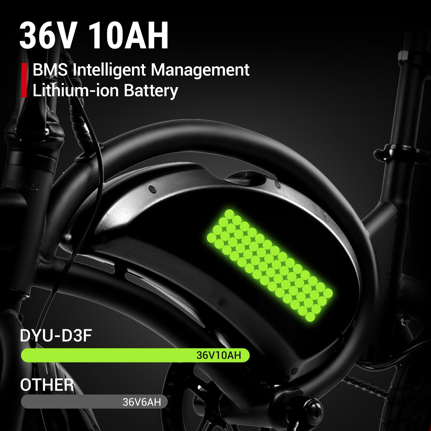 36V 10AH battery of DYU D3F bike with BMS management, highlighting performance 36V 10AH battery of DYU D3F bike with BMS management, highlighting performance