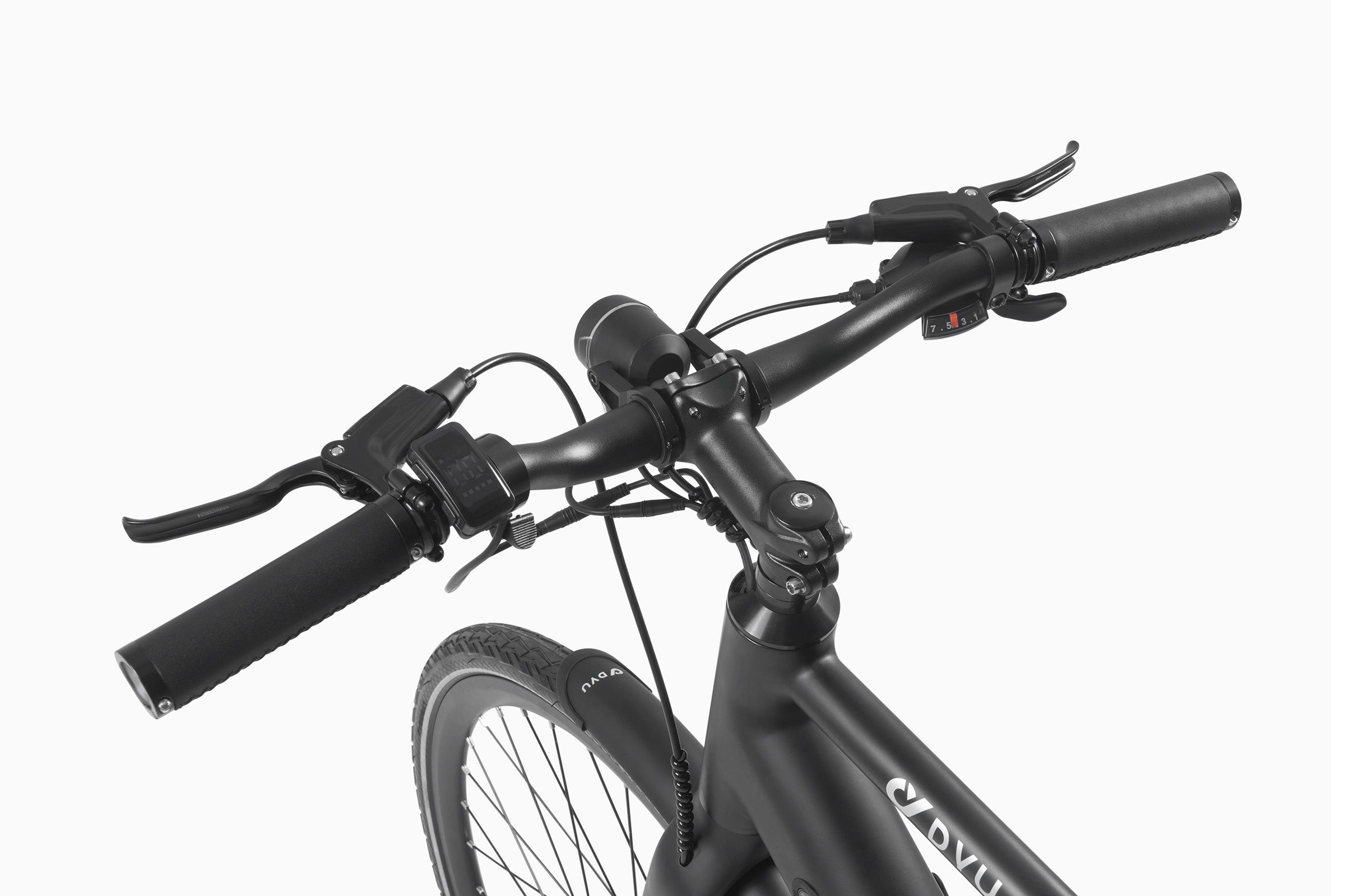 Guidon d'un vélo électrique noir avec commandes et poignées ergonomiques. Guidon d'un vélo électrique noir avec commandes et poignées ergonomiques.
