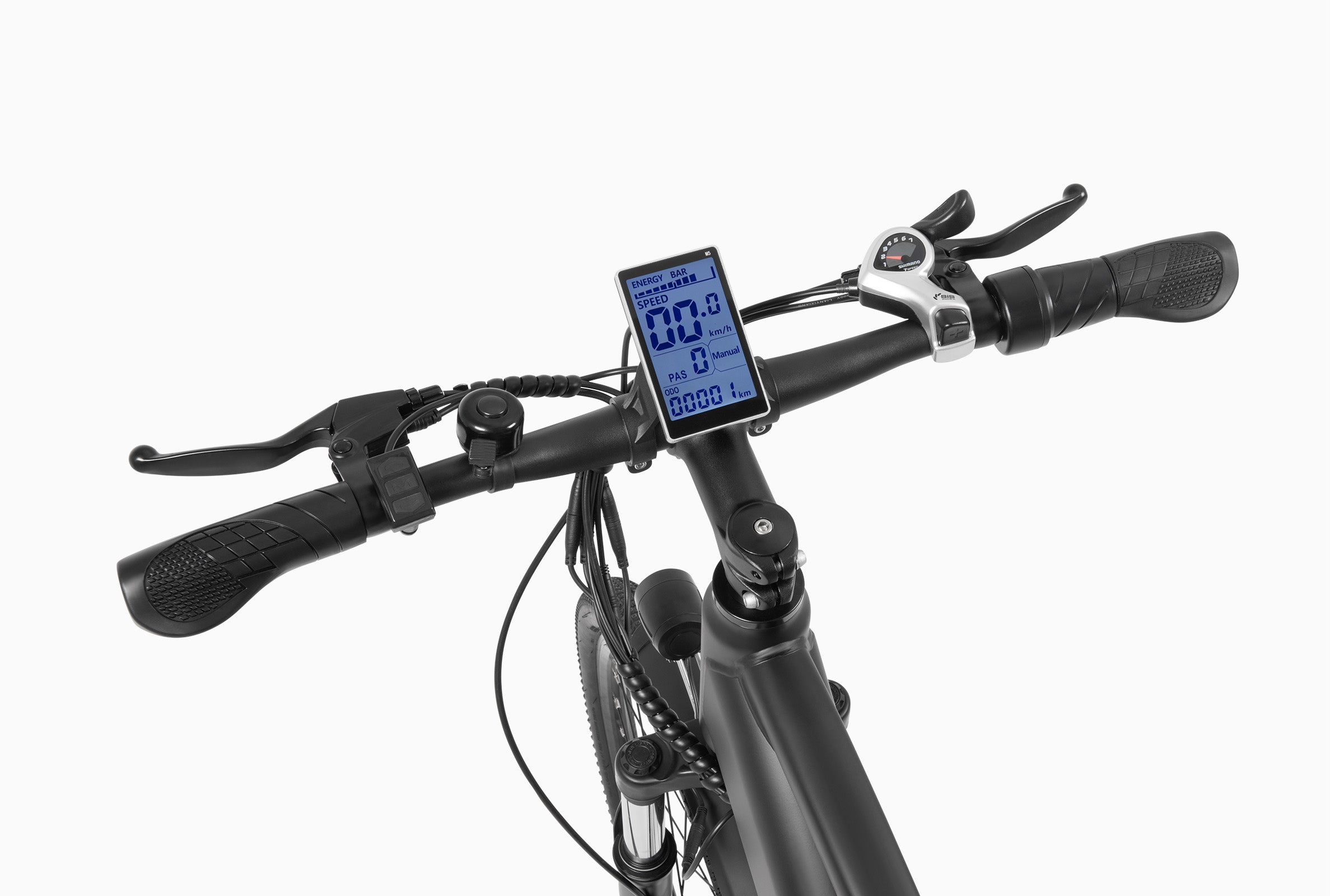 Guidon du vélo électrique DYU C5 avec écran LCD et commandes adaptées pour la ville. Guidon du vélo électrique DYU C5 avec écran LCD et commandes adaptées pour la ville.