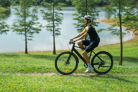 Homme sur un vélo électrique noir dans un parc verdoyant près d'un lac. Homme sur un vélo électrique noir dans un parc verdoyant près d'un lac.