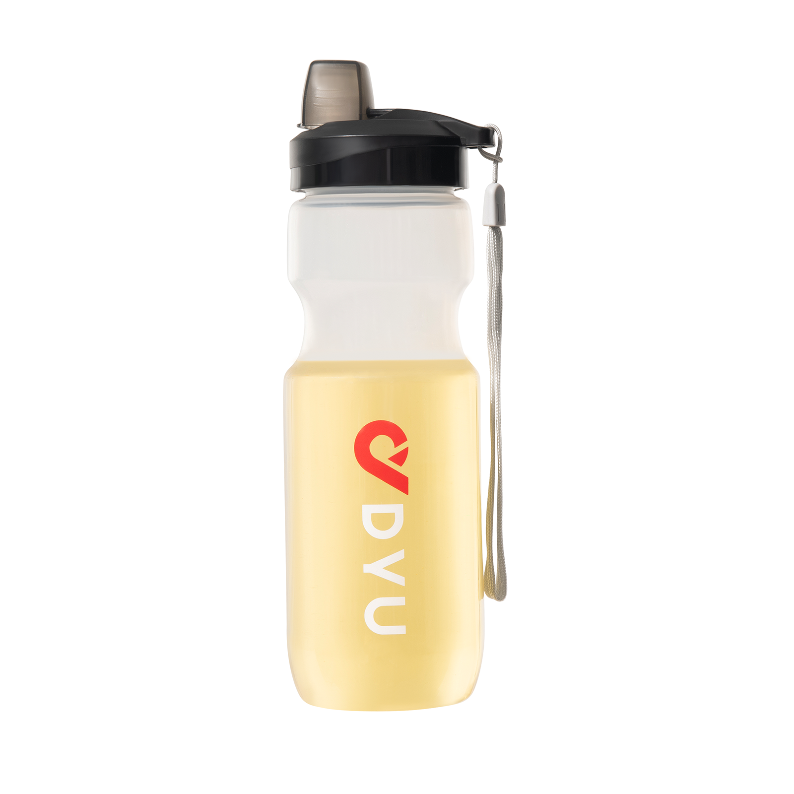 Bouteille d'eau DYU transparente avec logo, idéale pour les cyclistes.