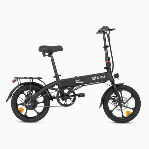 Vélo électrique DYU A1F noir pliant avec design compact et pneus robustes. Vélo électrique DYU A1F noir pliant avec design compact et pneus robustes.