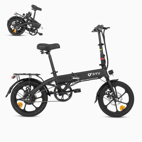 Vélo électrique DYU A1F noir pliable, design compact et pratique pour le transport. Vélo électrique DYU A1F noir pliable, design compact et pratique pour le transport.