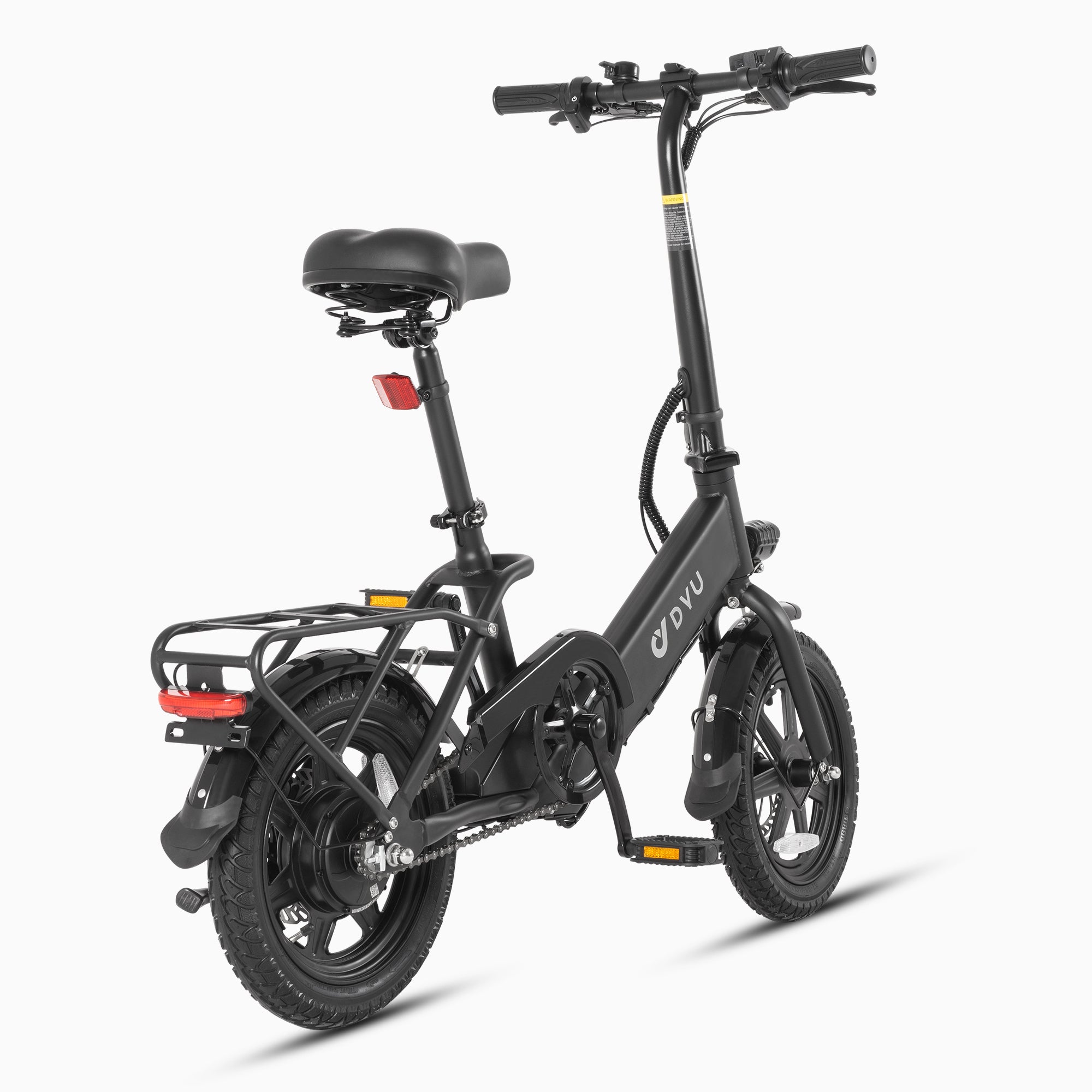 DYU C3 14 Inch Folding Ebike in black with a compact design and comfortable seat DYU C3 14 Inch Folding Ebike in black with a compact design and comfortable seat