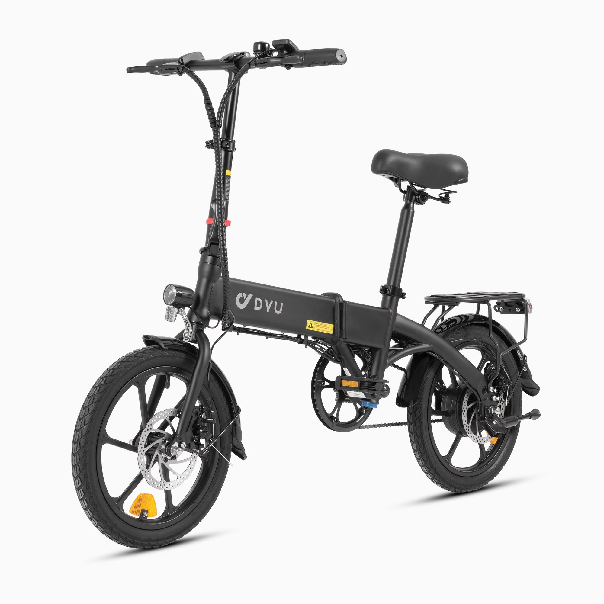 Vélo électrique DYU A1F noir pliant, design compact avec panier avant et support arrière. Vélo électrique DYU A1F noir pliant, design compact avec panier avant et support arrière.