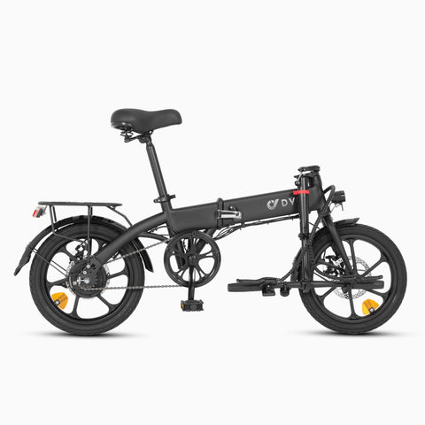 Vélo électrique pliant DYU A1F noir avec panier avant, design compact et pratique. Vélo électrique pliant DYU A1F noir avec panier avant, design compact et pratique.