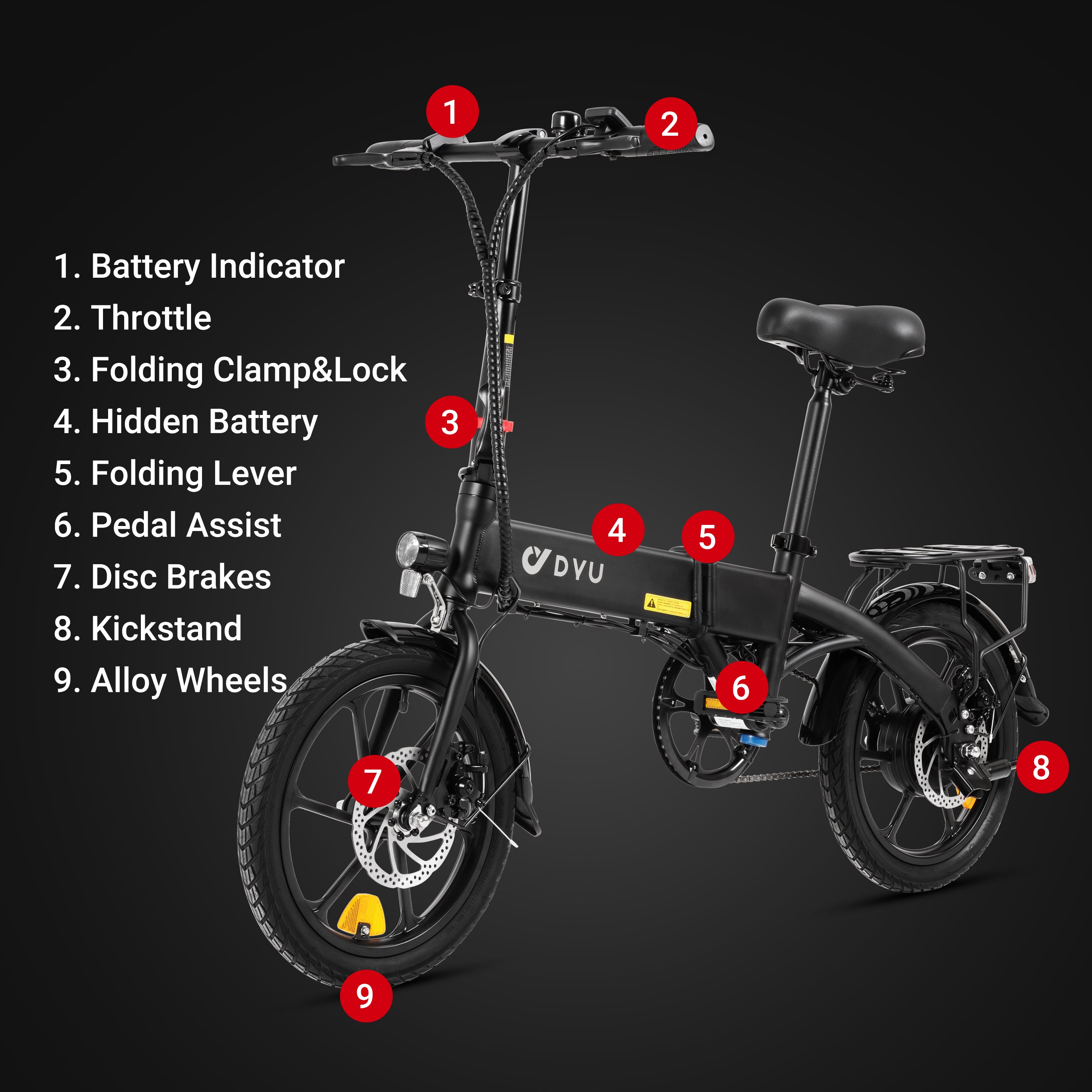 Vélo électrique pliant DYU A1F noir avec détails comme l'indicateur de batterie et les freins à disque. Vélo électrique pliant DYU A1F noir avec détails comme l'indicateur de batterie et les freins à disque.