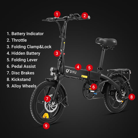 Vélo électrique pliant DYU A1F noir avec détails comme l'indicateur de batterie et les freins à disque. Vélo électrique pliant DYU A1F noir avec détails comme l'indicateur de batterie et les freins à disque.