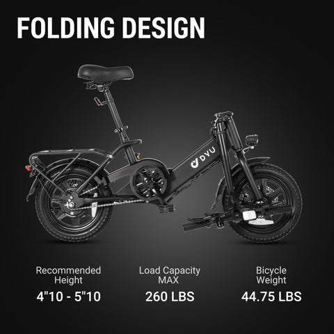 Specifications for DYU C3 folding eBike: height, load capacity, and weight. Specifications for DYU C3 folding eBike: height, load capacity, and weight.