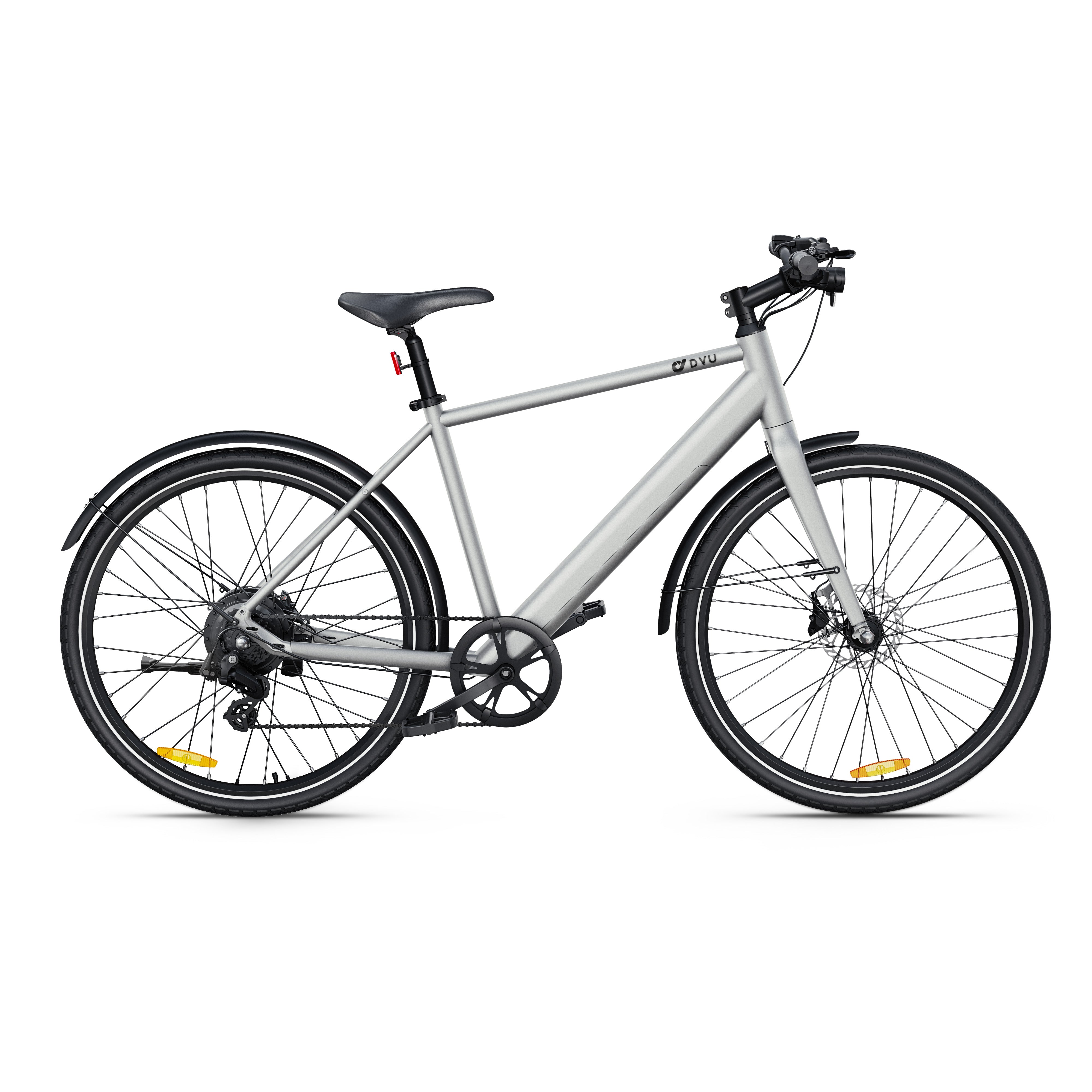 Vélo électrique gris élégant avec cadre léger pour trajets urbains. Vélo électrique gris élégant avec cadre léger pour trajets urbains.