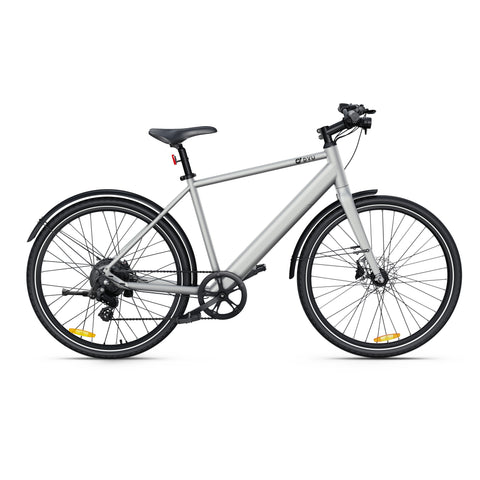 Vélo électrique gris élégant avec cadre léger pour trajets urbains. Vélo électrique gris élégant avec cadre léger pour trajets urbains.