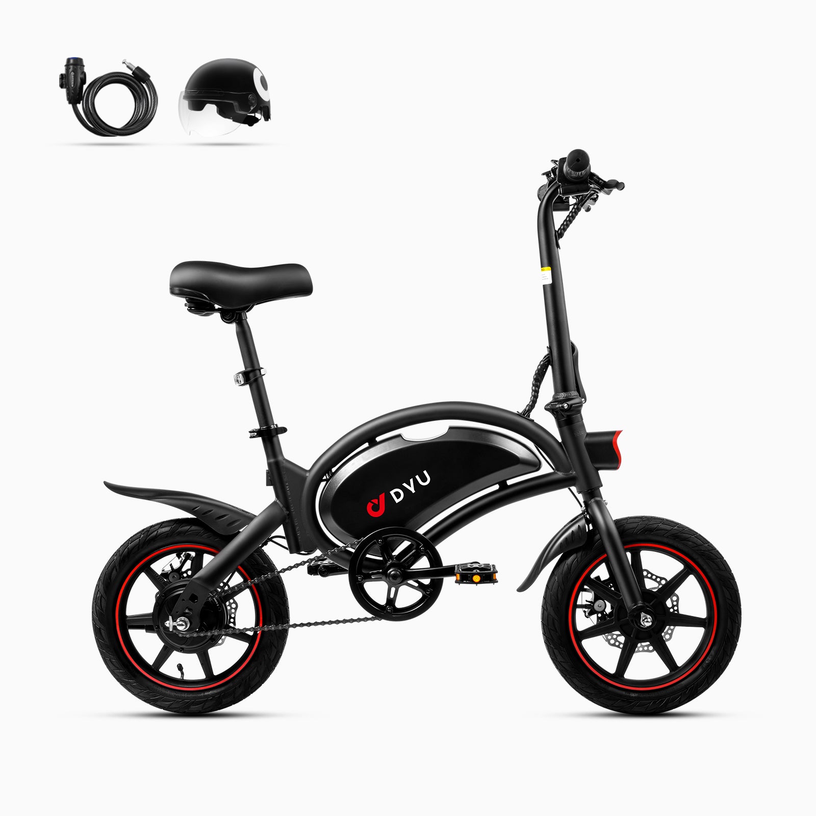 DYU D3F 14 Inch Mini Folding Electric Bike in black with red accents DYU D3F 14 Inch Mini Folding Electric Bike in black with red accents