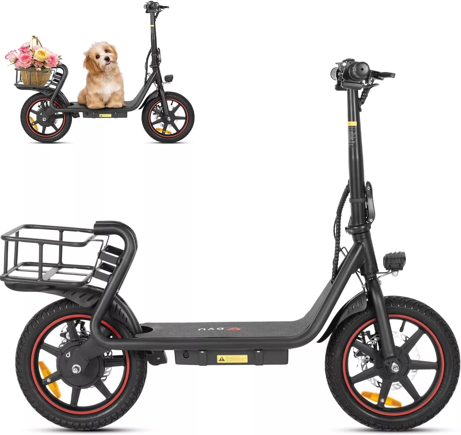 DYU C4 foldable black e-bike, features rear basket and dog sitting in basket. DYU C4 foldable black e-bike, features rear basket and dog sitting in basket.