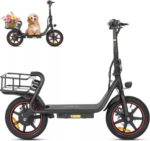 DYU C4 foldable black e-bike, features rear basket and dog sitting in basket. DYU C4 foldable black e-bike, features rear basket and dog sitting in basket.