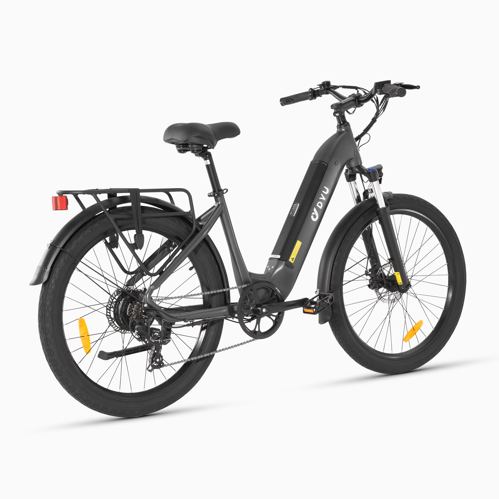 Vélo électrique DYU C1 26 pouces en gris avec selle confortable et cadre moderne. Vélo électrique DYU C1 26 pouces en gris avec selle confortable et cadre moderne.