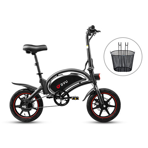 DYU D3F Mini Folding Electric Bike in black with rear basket feature DYU D3F Mini Folding Electric Bike in black with rear basket feature