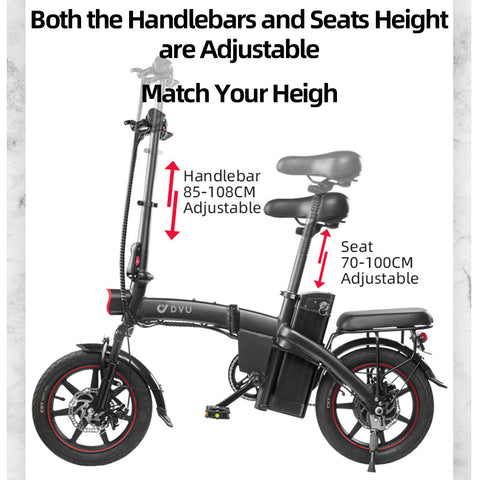 Vélo électrique pliable DYU A5 avec hauteur réglable du guidon et du siège. Vélo électrique pliable DYU A5 avec hauteur réglable du guidon et du siège.