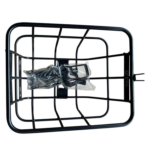 Panier vélo DYU noir avec matériel d'installation, vue du dessus. Panier vélo DYU noir avec matériel d'installation, vue du dessus.