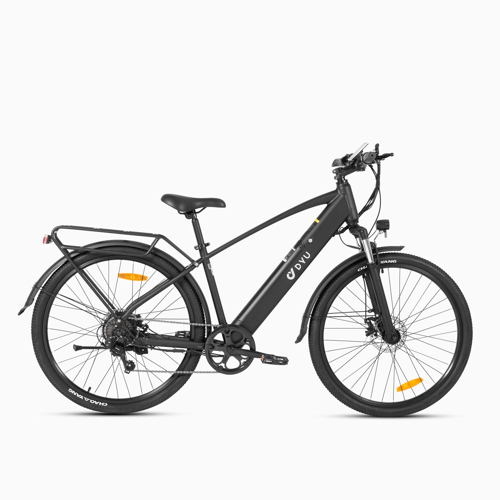 Vélo électrique DYU C5 noir, idéal pour la ville, avec style et confort.