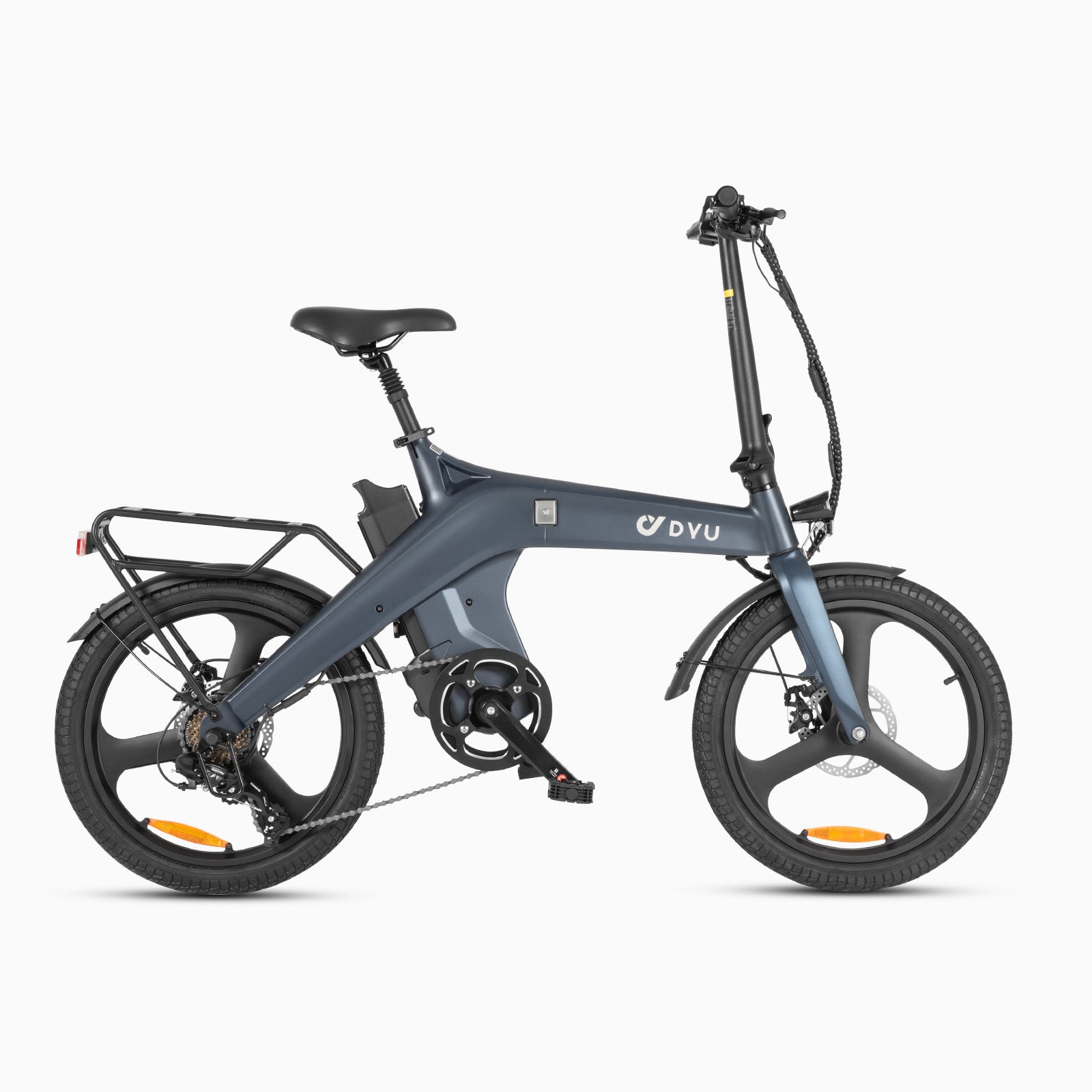 Vélo électrique DYU T1 pliable gris, design léger pour un transport facile.