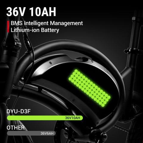 36V 10AH battery of DYU D3F bike with BMS management, highlighting performance