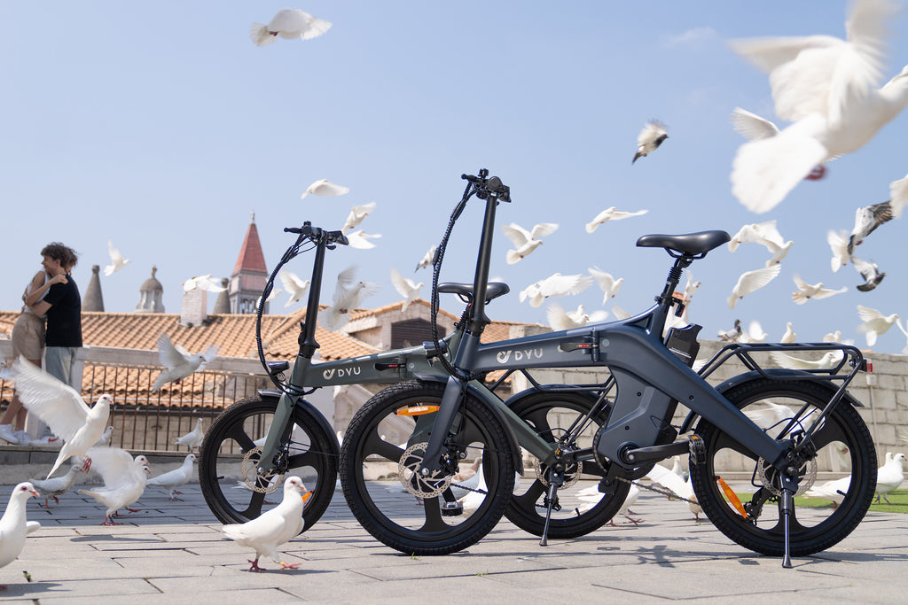 Vélos électriques pliables DYU T1 gris en extérieur avec des pigeons autour.