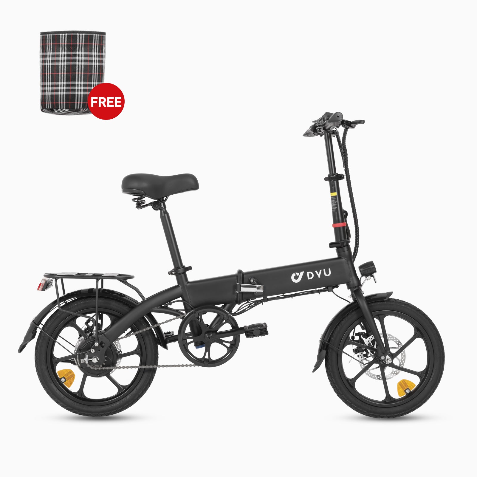 Vélo électrique DYU A1F pliable noir avec un panier avant et un support arrière.