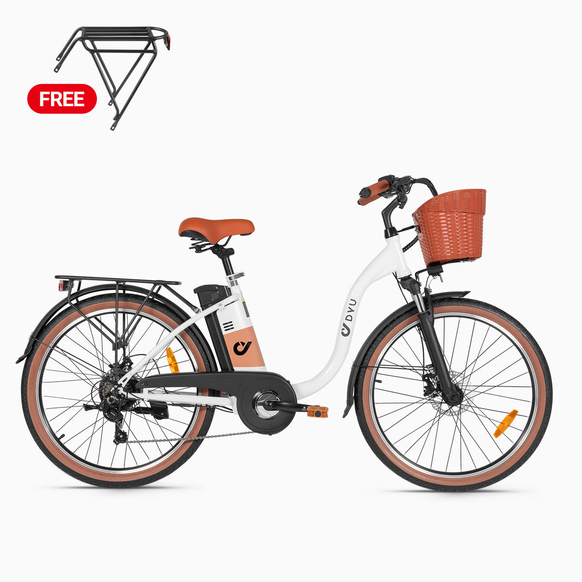 Vélo électrique DYU C6 Pro 26 pouces avec panier avant orange et support arrière.