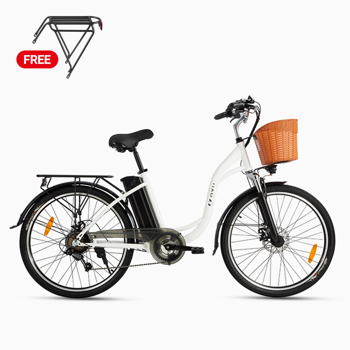 Vélo électrique DYU C6 avec batterie détachable et panier avant en osier.