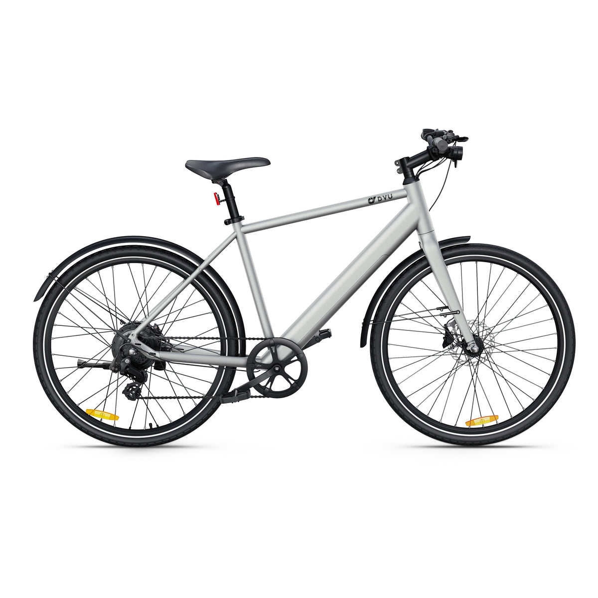 Vélo électrique gris élégant avec cadre léger pour trajets urbains.