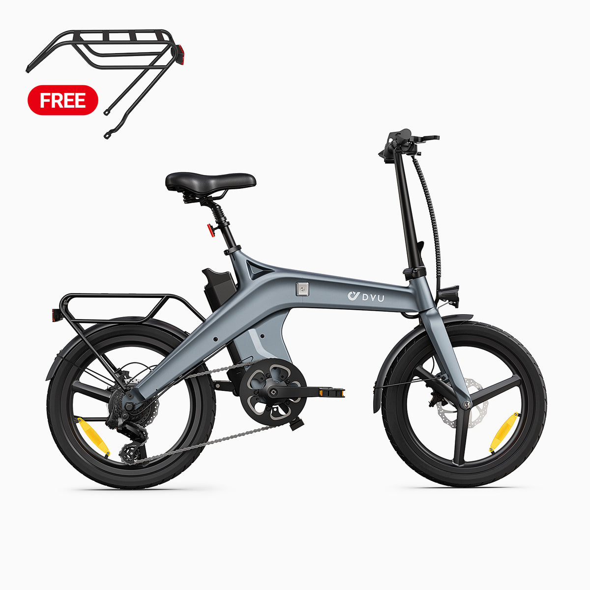 Vélo électrique pliable DYU T1 gris avec porte-bagages gratuit.