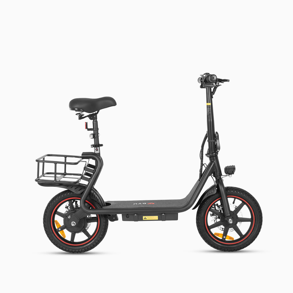 Black DYU C4 foldable e-bike with rear basket and modern design