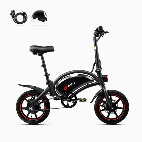 DYU D3F 14 Inch Mini Folding Electric Bike in black with red accents