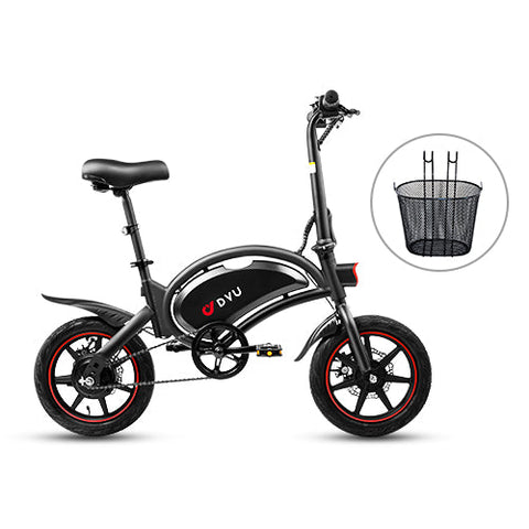 DYU D3F Mini Folding Electric Bike in black with rear basket feature