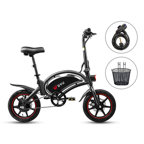 DYU D3F Mini Folding Electric Bike in black with rear basket for convenient travel.