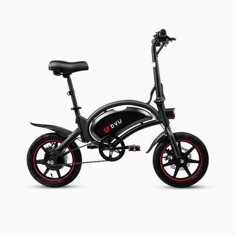 DYU D3F 14 Inch Mini Folding Electric Bike with a stylish black and red design